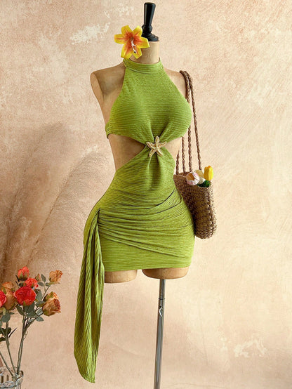 Soleia New Vacation Halter Waist Hollow Out Fitted Flowy Mini Dress, Bohemian, Boho, Fall Women Clothes, Vintage, Holiday,Summer