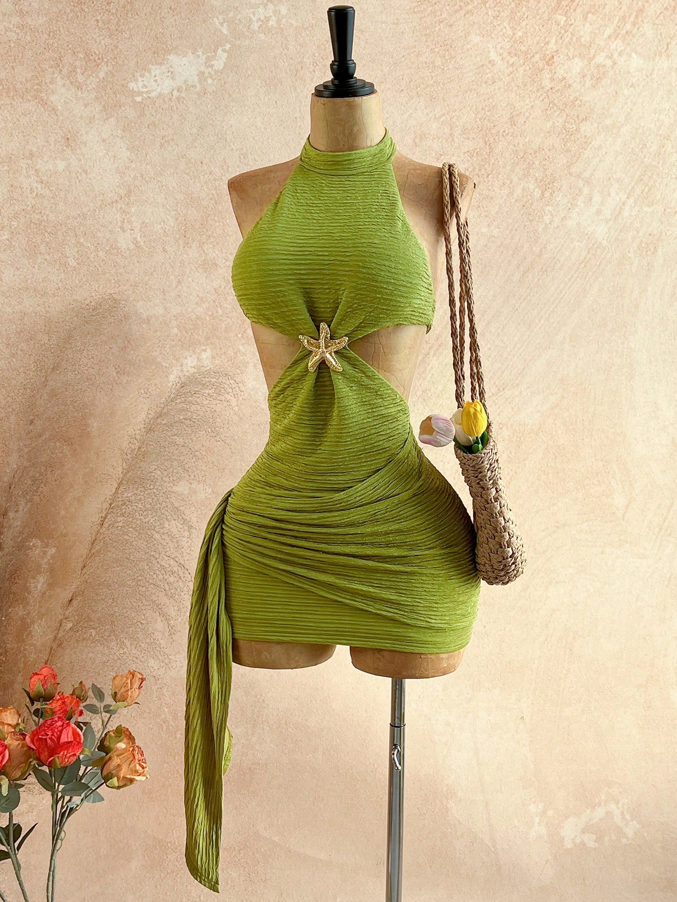 Soleia New Vacation Halter Waist Hollow Out Fitted Flowy Mini Dress, Bohemian, Boho, Fall Women Clothes, Vintage, Holiday,Summer