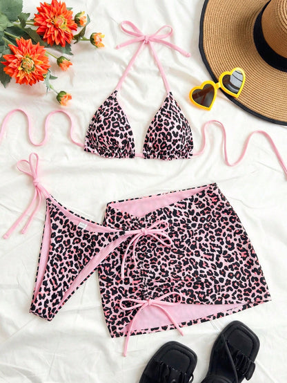 Soleia Plus Size Women Leopard Print Contrast Red Bikini 3 Pieces Set Plus Size Bathing Suits Women