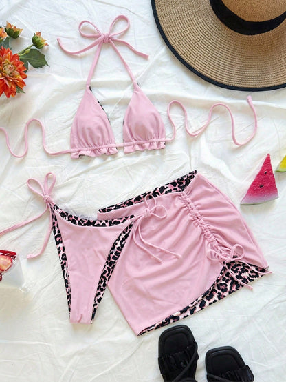 Soleia Plus Size Women Leopard Print Contrast Red Bikini 3 Pieces Set Plus Size Bathing Suits Women