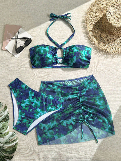 Soleia Plus Size Women Navy Blue Summer Beach Floral Halter Tie Bikini Swimwear Set With Skirt Cover-Up,Vacation Holiday Carnival Outfits For Women Sexy