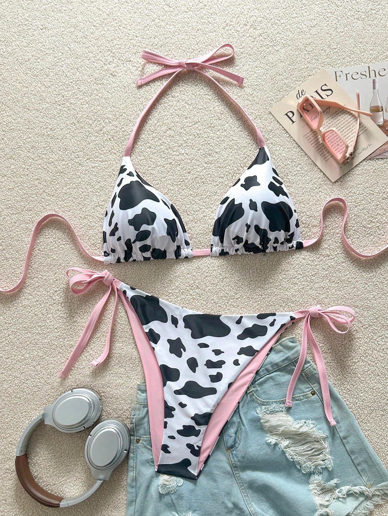 Soleia Plus Size Women'S Cow Print Contrast Color Fuchsia Reversible Halter Tie Bikini Two Pieces Set Bathing Suits For Women Swimsuits For Woman