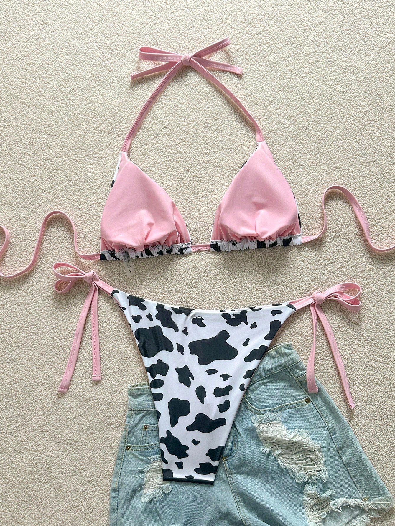 Soleia Plus Size Women'S Cow Print Contrast Color Fuchsia Reversible Halter Tie Bikini Two Pieces Set Bathing Suits For Women Swimsuits For Woman