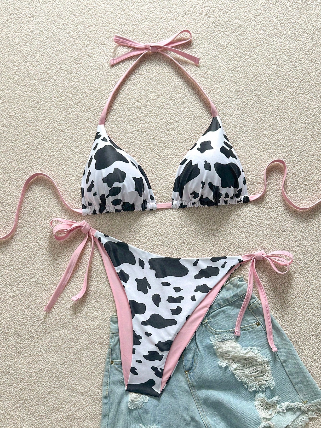 Soleia Plus Size Women'S Cow Print Contrast Color Fuchsia Reversible Halter Tie Bikini Two Pieces Set Bathing Suits For Women Swimsuits For Woman