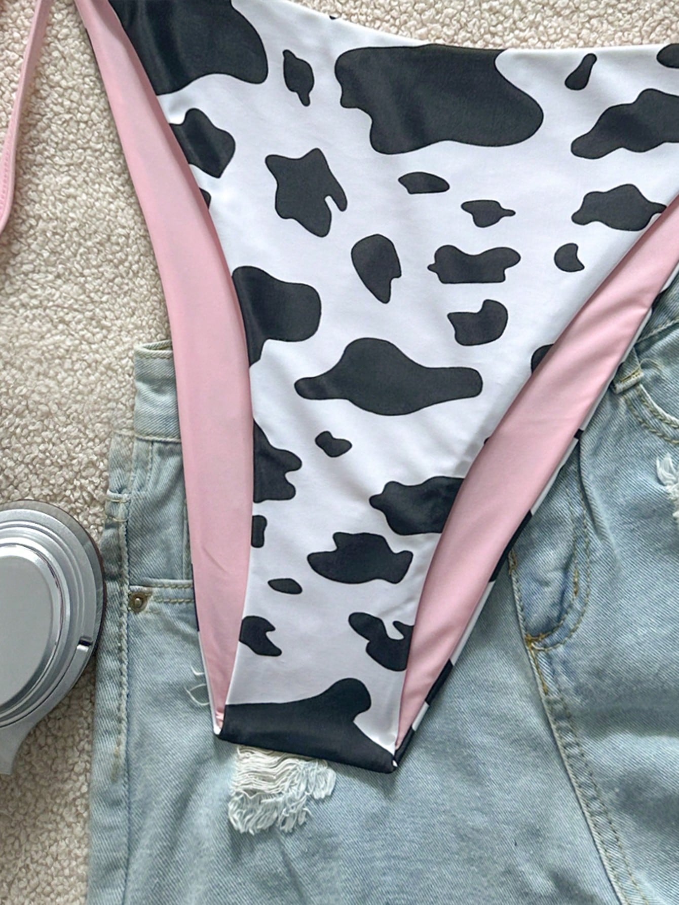Soleia Plus Size Women'S Cow Print Contrast Color Fuchsia Reversible Halter Tie Bikini Two Pieces Set Bathing Suits For Women Swimsuits For Woman
