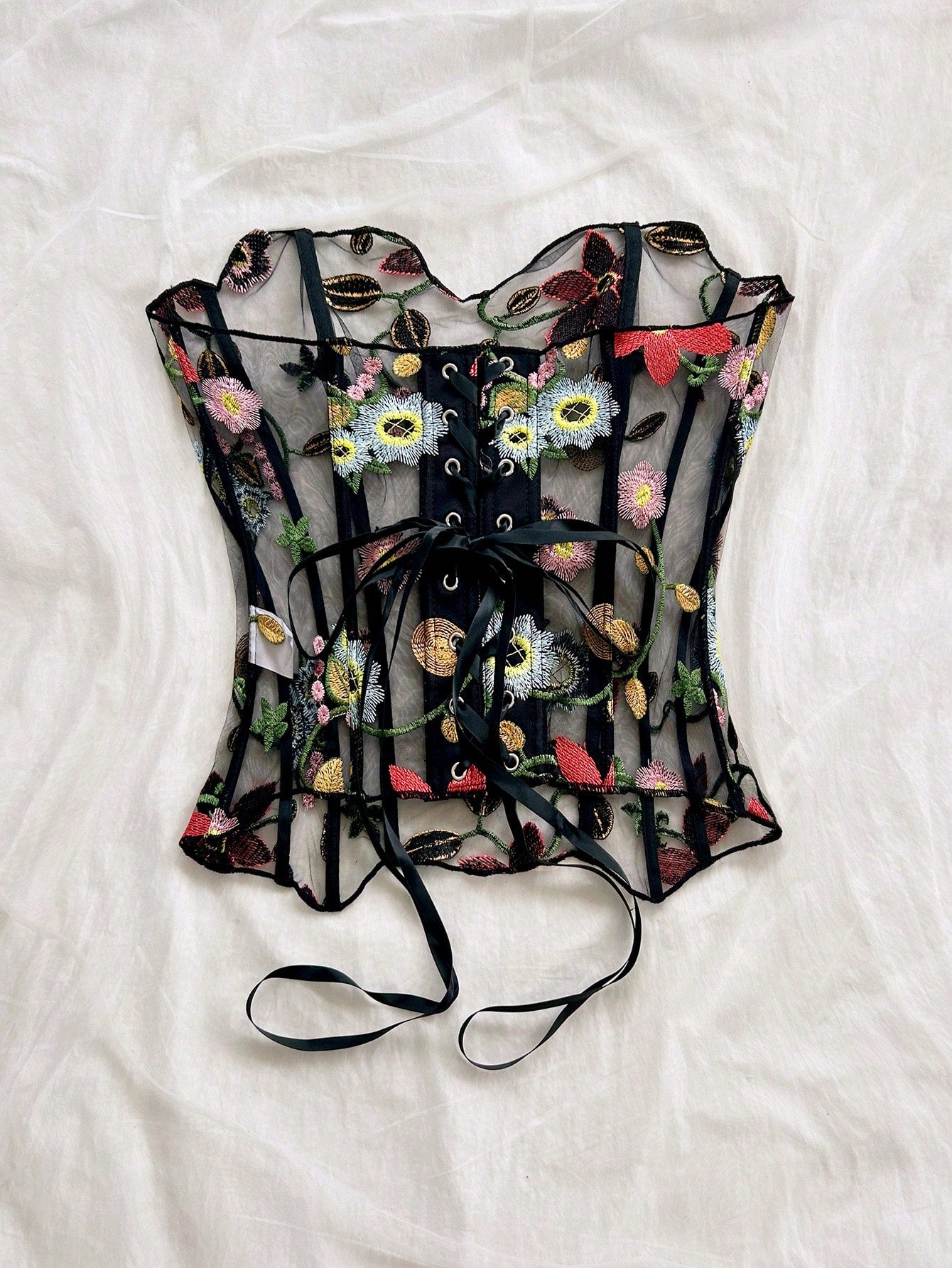 Soleia Plus Size Women's Strapless Black Embroidered Transparent Sexy Bustier