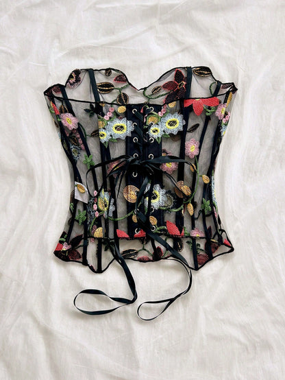 Soleia Plus Size Women's Strapless Black Embroidered Transparent Sexy Bustier