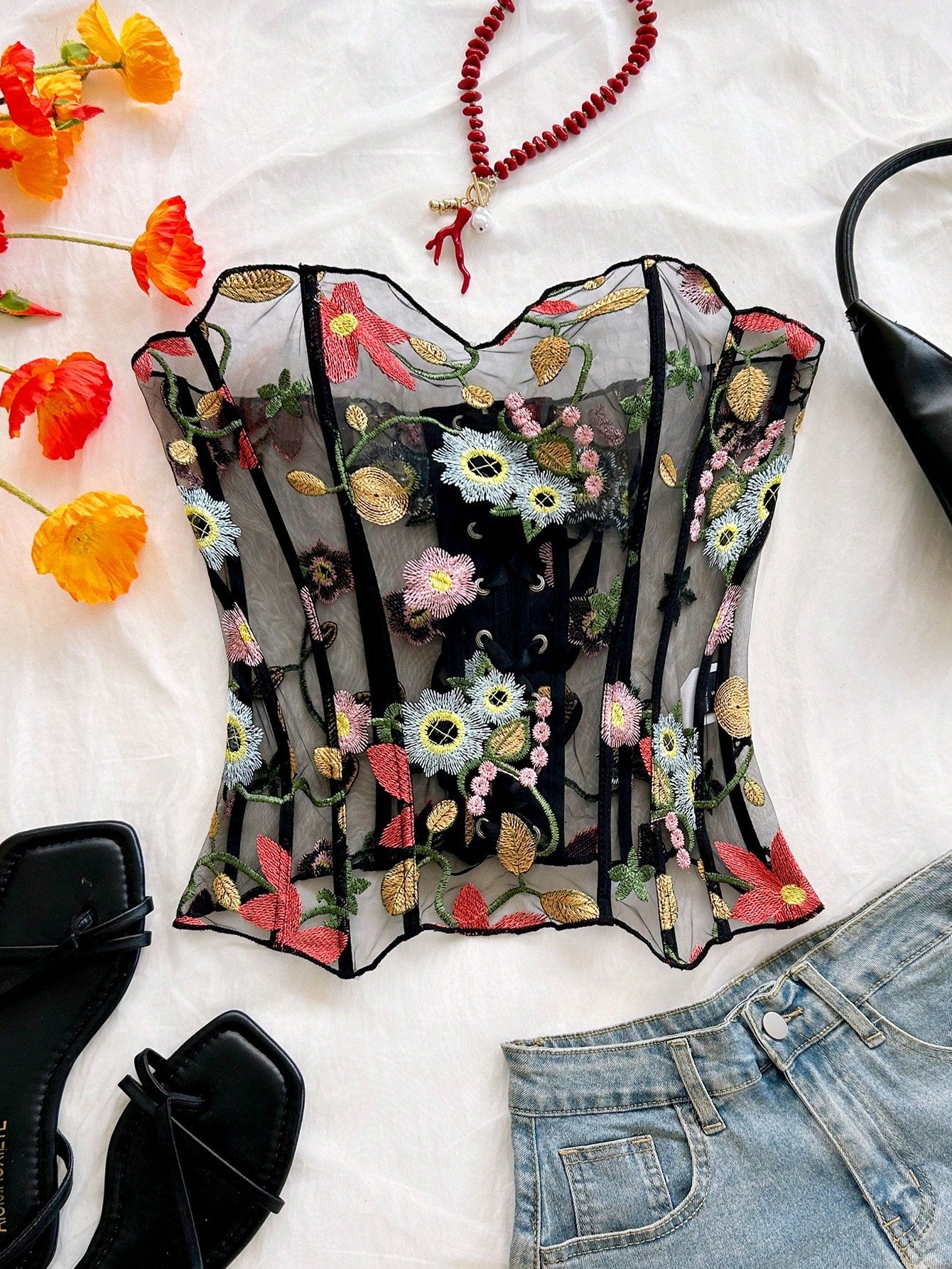 Soleia Plus Size Women's Strapless Black Embroidered Transparent Sexy Bustier
