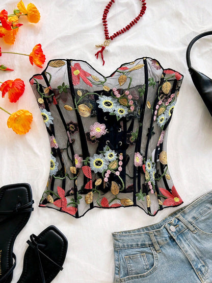 Soleia Plus Size Women's Strapless Black Embroidered Transparent Sexy Bustier
