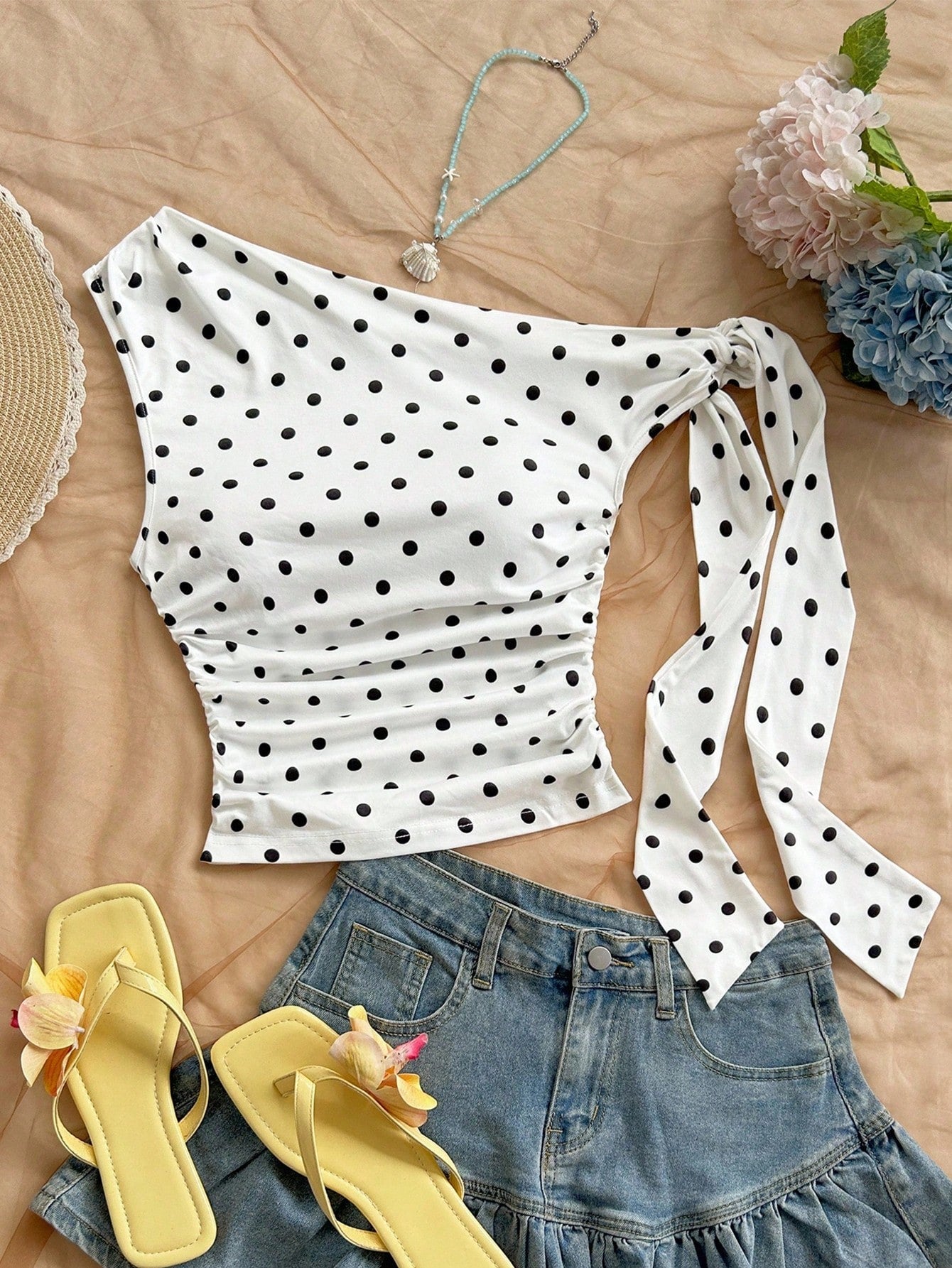 Soleia Polka Dot Top Women's Y2K Polka Dot Print Ruched Asymmetric Shoulder Top Asual Blouses For Ladies Winter Clothes No Chest Padding
