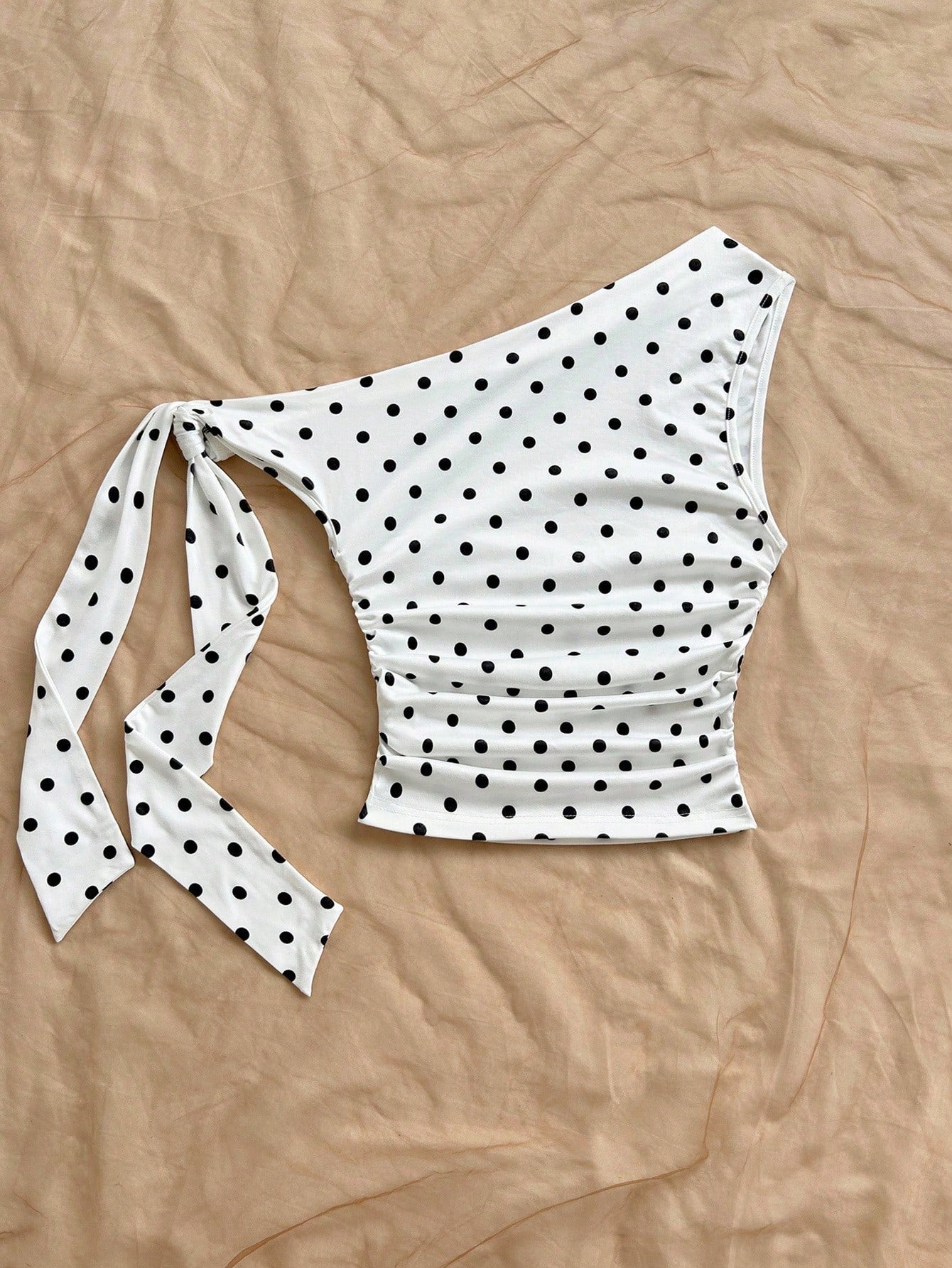 Soleia Polka Dot Top Women's Y2K Polka Dot Print Ruched Asymmetric Shoulder Top Asual Blouses For Ladies Winter Clothes No Chest Padding