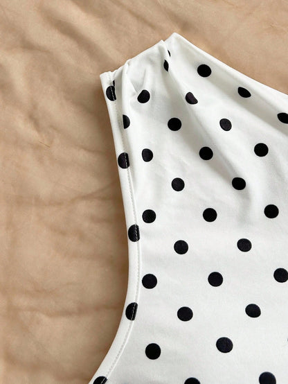 Soleia Polka Dot Top Women's Y2K Polka Dot Print Ruched Asymmetric Shoulder Top Asual Blouses For Ladies Winter Clothes No Chest Padding