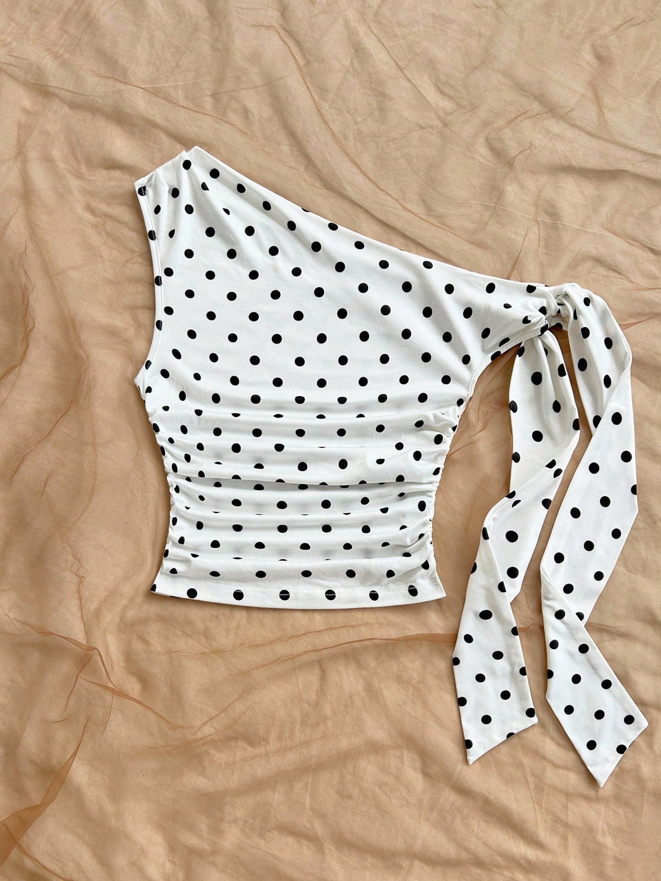 Soleia Polka Dot Top Women's Y2K Polka Dot Print Ruched Asymmetric Shoulder Top Asual Blouses For Ladies Winter Clothes No Chest Padding