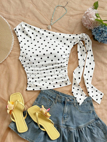 Soleia Polka Dot Top Women's Y2K Polka Dot Print Ruched Asymmetric Shoulder Top Asual Blouses For Ladies Winter Clothes No Chest Padding