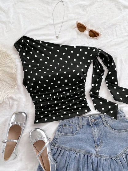 Soleia Polka Dot Top Women's Y2K Polka Dot Print Ruched Asymmetric Shoulder Top Asual Blouses For Ladies Winter Clothes No Chest Padding