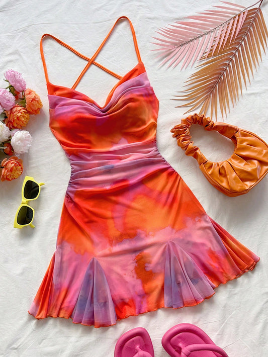 Soleia Red Orange Summer 70's Club Night Party Disco Tie Dye Tie Strap Open Back Bow Knot Hem Mini Dress For Women,No Chest Padding