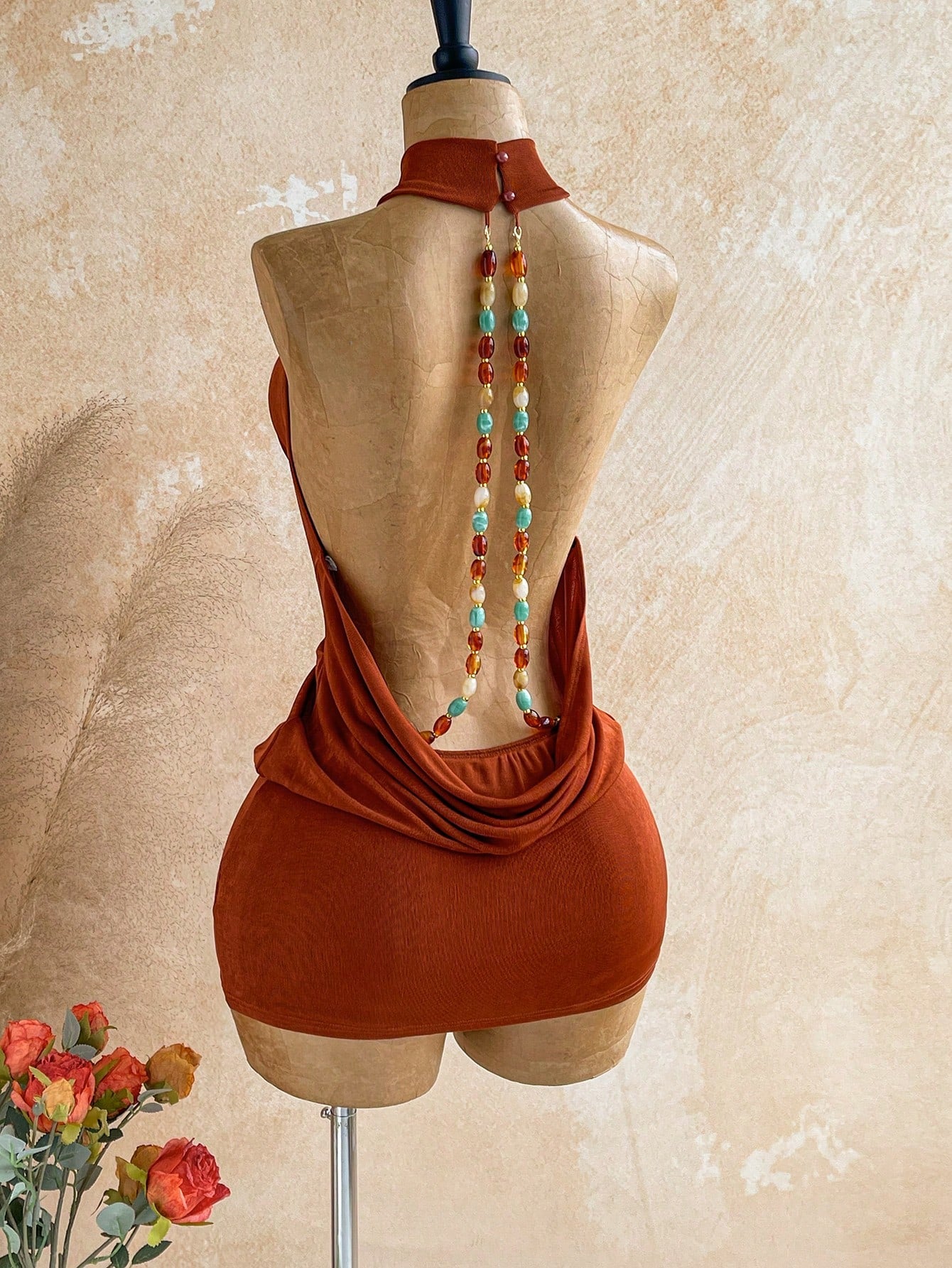 Soleia Rust Orange,Summer,Boho,Holiday,Vacation,Holiday Caramel Halter Backless Beaded Decor Fitted Mini Dress,Bohemian Cruise Island Beach Resort Wear