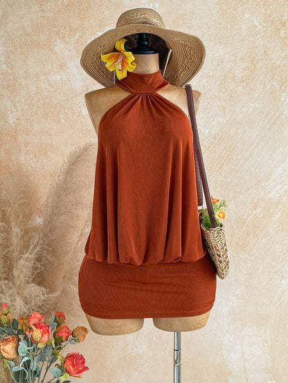 Soleia Rust Orange,Summer,Boho,Holiday,Vacation,Holiday Caramel Halter Backless Beaded Decor Fitted Mini Dress,Bohemian Cruise Island Beach Resort Wear