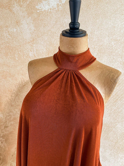 Soleia Rust Orange,Summer,Boho,Holiday,Vacation,Holiday Caramel Halter Backless Beaded Decor Fitted Mini Dress,Bohemian Cruise Island Beach Resort Wear