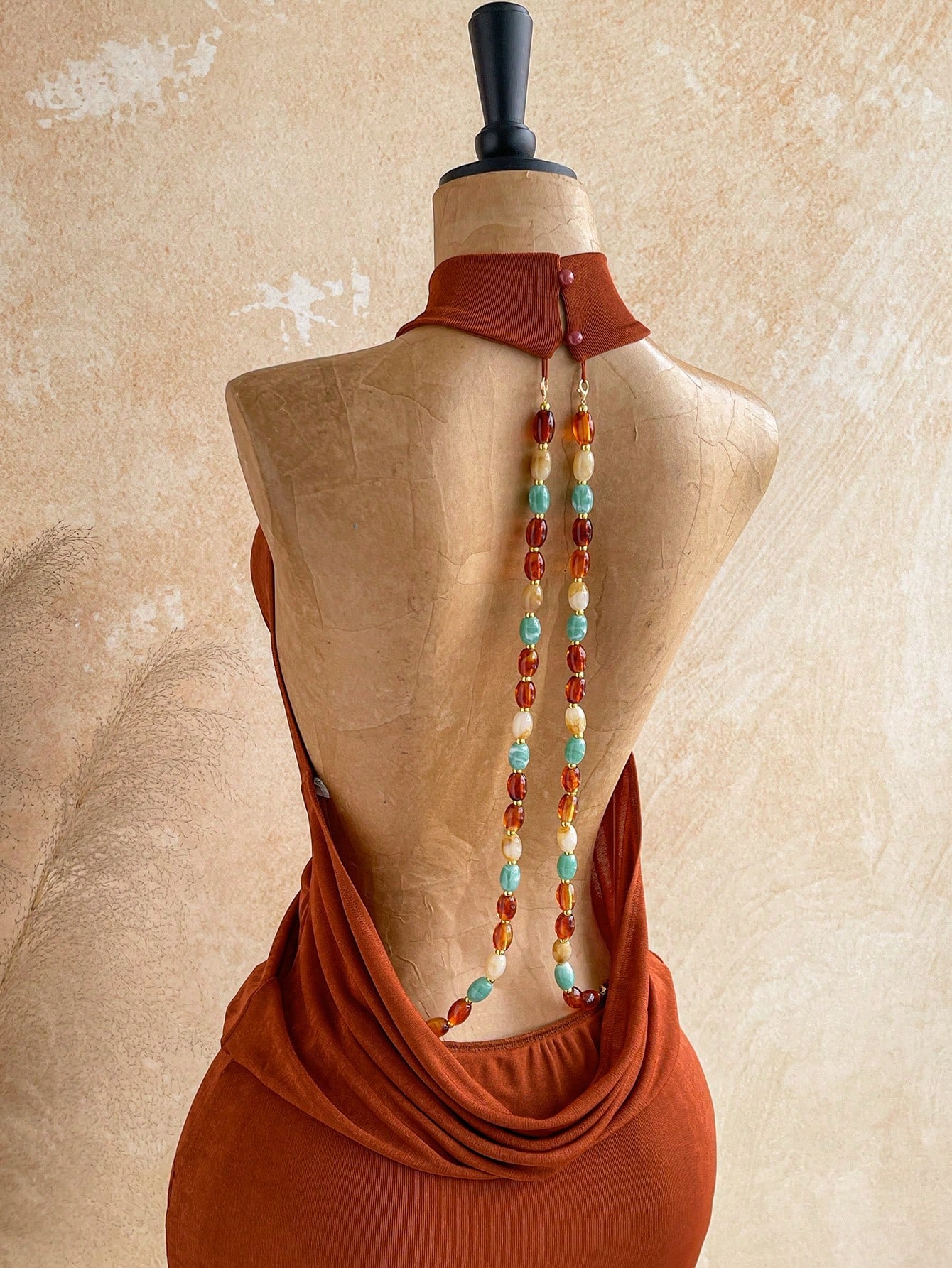 Soleia Rust Orange,Summer,Boho,Holiday,Vacation,Holiday Caramel Halter Backless Beaded Decor Fitted Mini Dress,Bohemian Cruise Island Beach Resort Wear