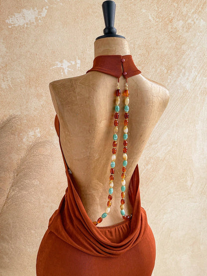 Soleia Rust Orange,Summer,Boho,Holiday,Vacation,Holiday Caramel Halter Backless Beaded Decor Fitted Mini Dress,Bohemian Cruise Island Beach Resort Wear