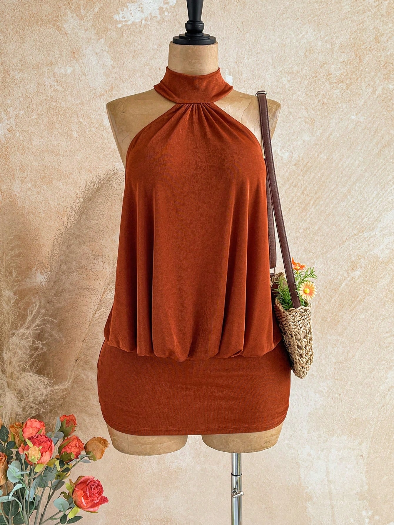 Soleia Rust Orange,Summer,Boho,Holiday,Vacation,Holiday Caramel Halter Backless Beaded Decor Fitted Mini Dress,Bohemian Cruise Island Beach Resort Wear