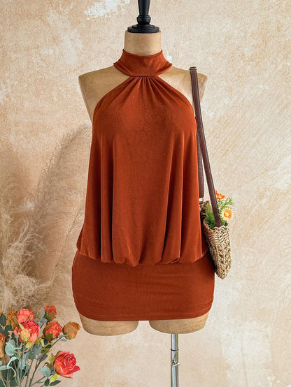 Soleia Rust Orange,Summer,Boho,Holiday,Vacation,Holiday Caramel Halter Backless Beaded Decor Fitted Mini Dress,Bohemian Cruise Island Beach Resort Wear
