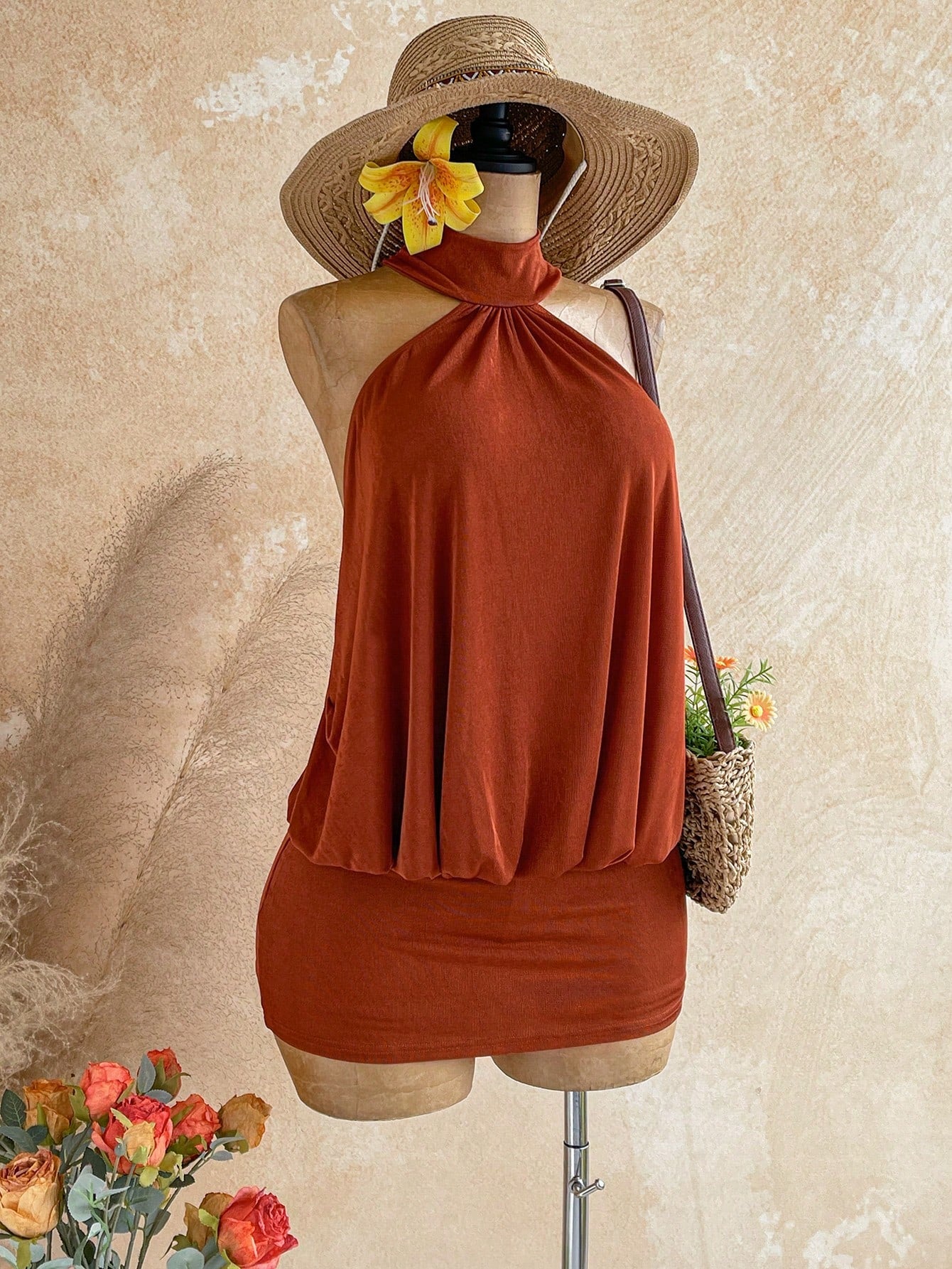 Soleia Rust Orange,Summer,Boho,Holiday,Vacation,Holiday Caramel Halter Backless Beaded Decor Fitted Mini Dress,Bohemian Cruise Island Beach Resort Wear