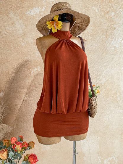 Soleia Rust Orange,Summer,Boho,Holiday,Vacation,Holiday Caramel Halter Backless Beaded Decor Fitted Mini Dress,Bohemian Cruise Island Beach Resort Wear