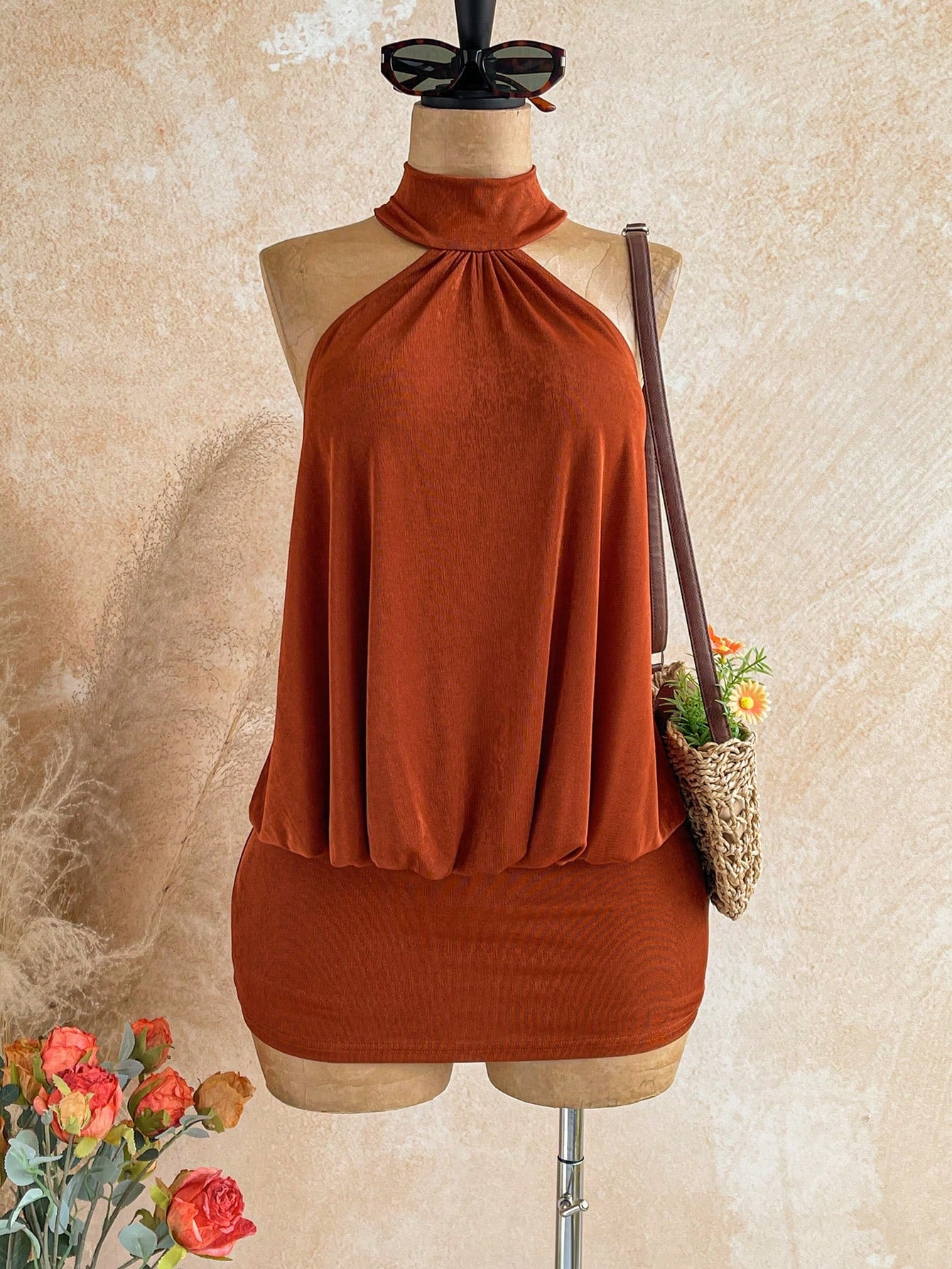 Soleia Rust Orange,Summer,Boho,Holiday,Vacation,Holiday Caramel Halter Backless Beaded Decor Fitted Mini Dress,Bohemian Cruise Island Beach Resort Wear