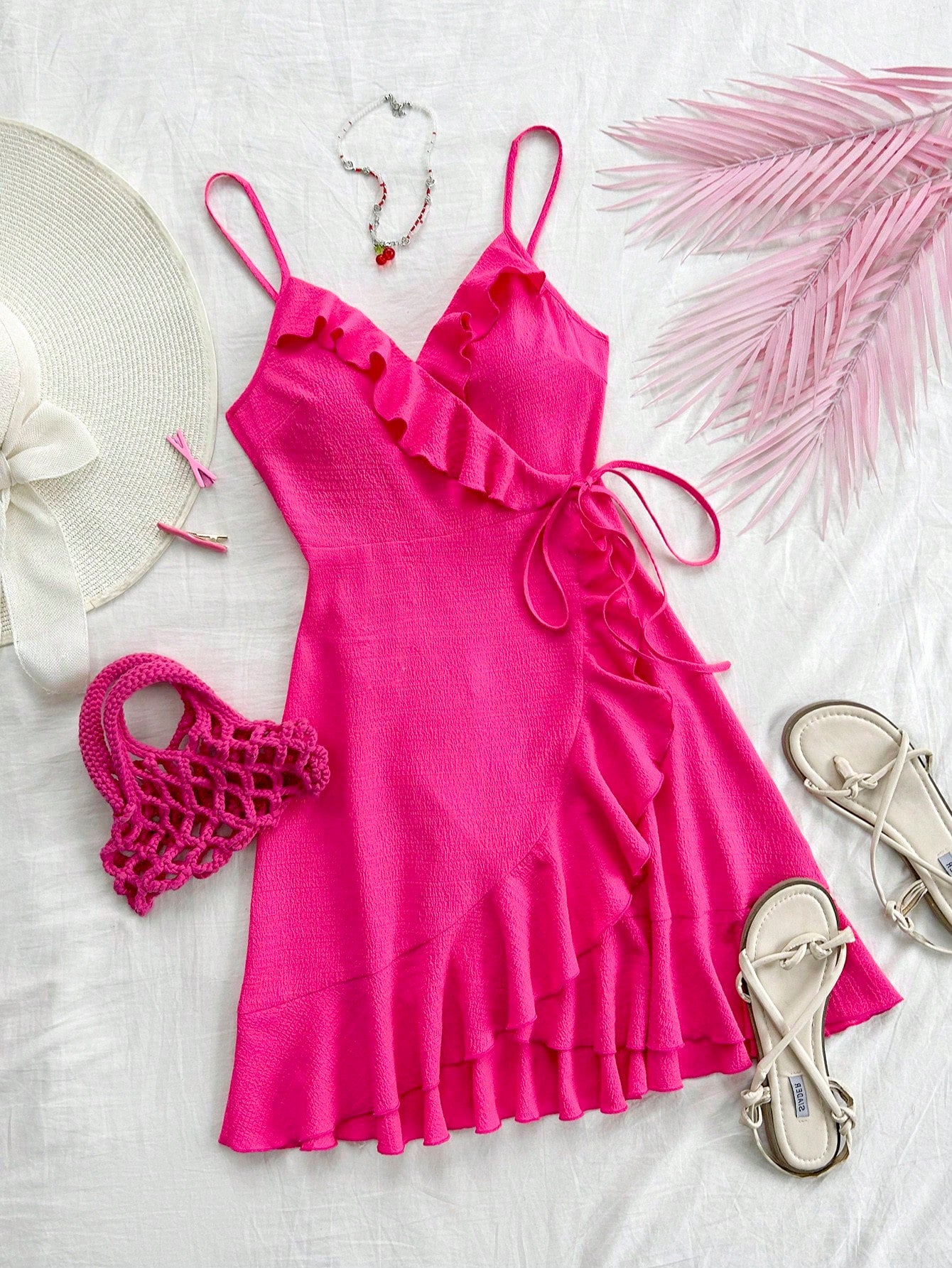 Soleia Summer Vacation Women's Leisure Rose Red Textured Fabric Waistband Ruffle Trim Wrap Knot Side A-Line Cami Dress, Elegance No Chest Padding