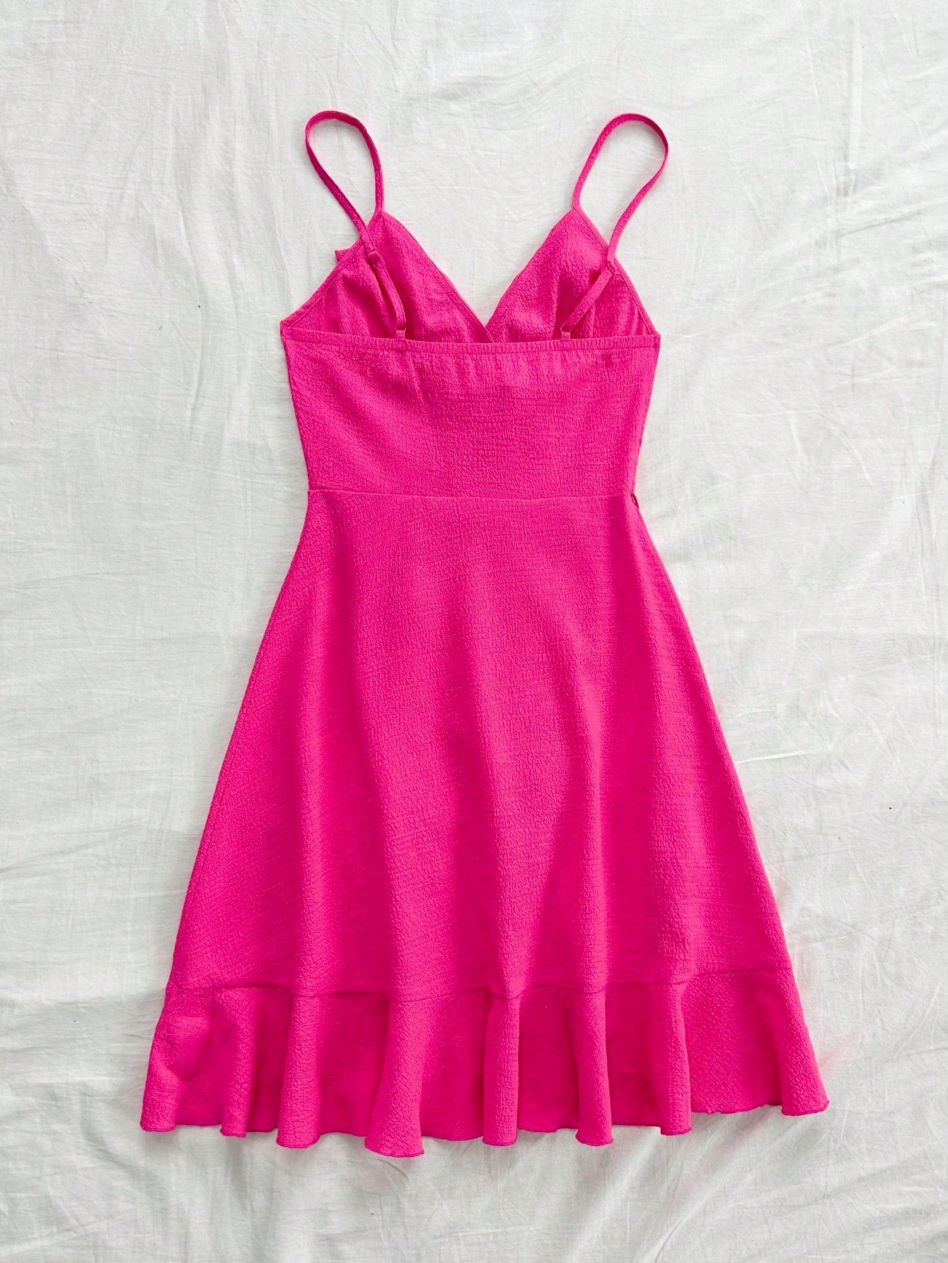 Soleia Summer Vacation Women's Leisure Rose Red Textured Fabric Waistband Ruffle Trim Wrap Knot Side A-Line Cami Dress, Elegance No Chest Padding
