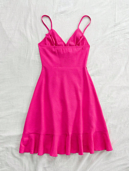 Soleia Summer Vacation Women's Leisure Rose Red Textured Fabric Waistband Ruffle Trim Wrap Knot Side A-Line Cami Dress, Elegance No Chest Padding