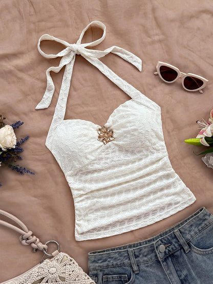 Soleia Vacation V-Neck Flower Metal Buckle Strap White Knit Texture Fitted Women Tank Top, Suitable For Music Festival,No Chest Padding