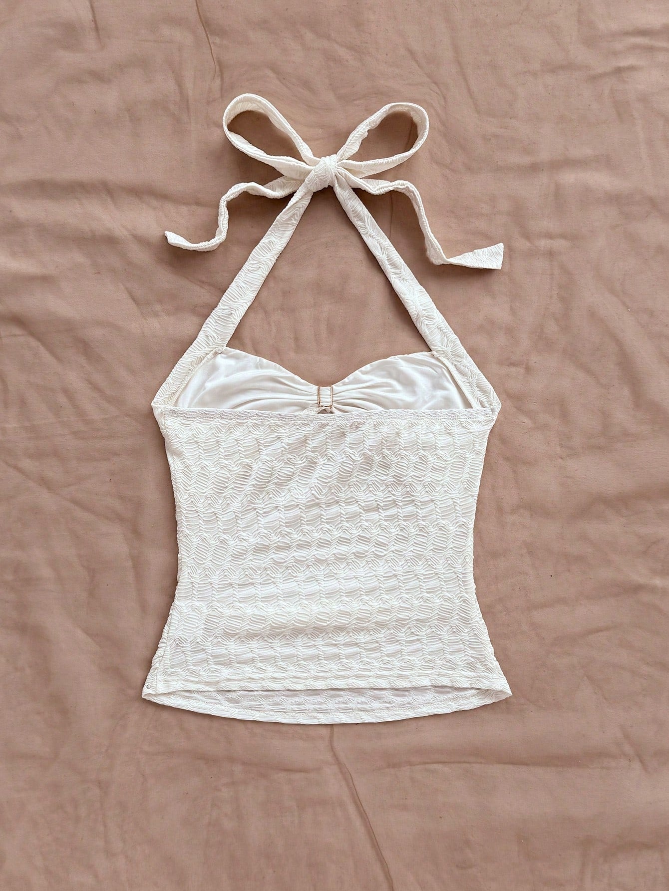Soleia Vacation V-Neck Flower Metal Buckle Strap White Knit Texture Fitted Women Tank Top, Suitable For Music Festival,No Chest Padding