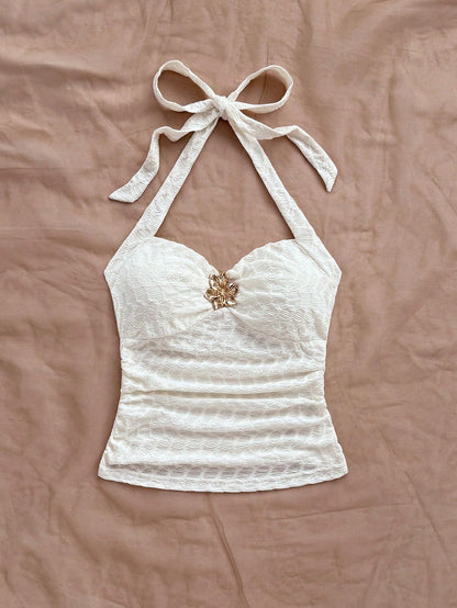 Soleia Vacation V-Neck Flower Metal Buckle Strap White Knit Texture Fitted Women Tank Top, Suitable For Music Festival,No Chest Padding