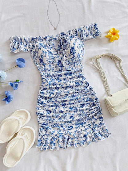 Soleia Women Casual Off Shoulder Ruched Ditsy Floral Mini Dress For Vacation Summer Dresses For Women No Chest Padding
