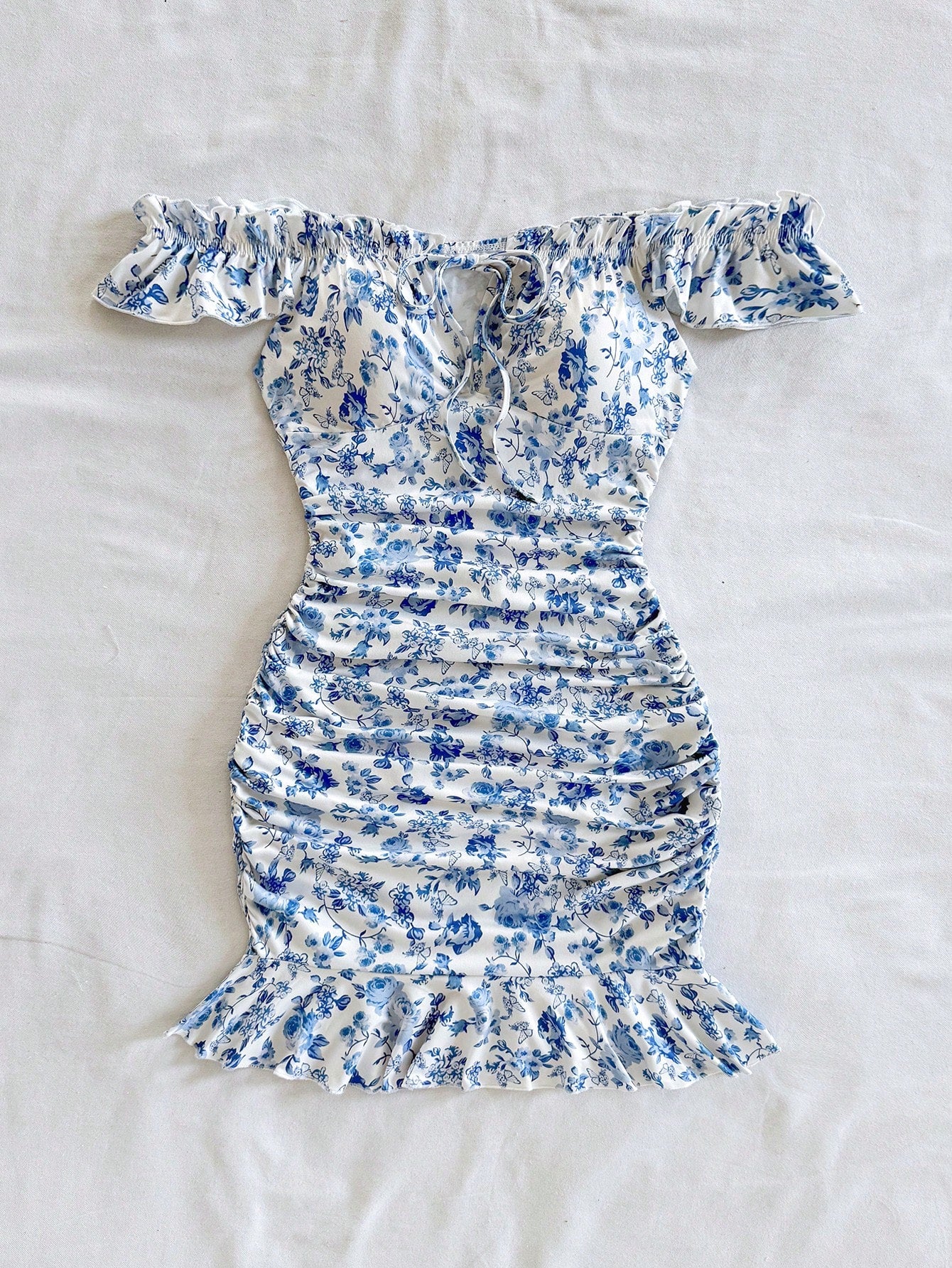 Soleia Women Casual Off Shoulder Ruched Ditsy Floral Mini Dress For Vacation Summer Dresses For Women No Chest Padding
