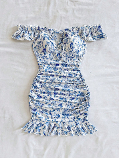 Soleia Women Casual Off Shoulder Ruched Ditsy Floral Mini Dress For Vacation Summer Dresses For Women No Chest Padding