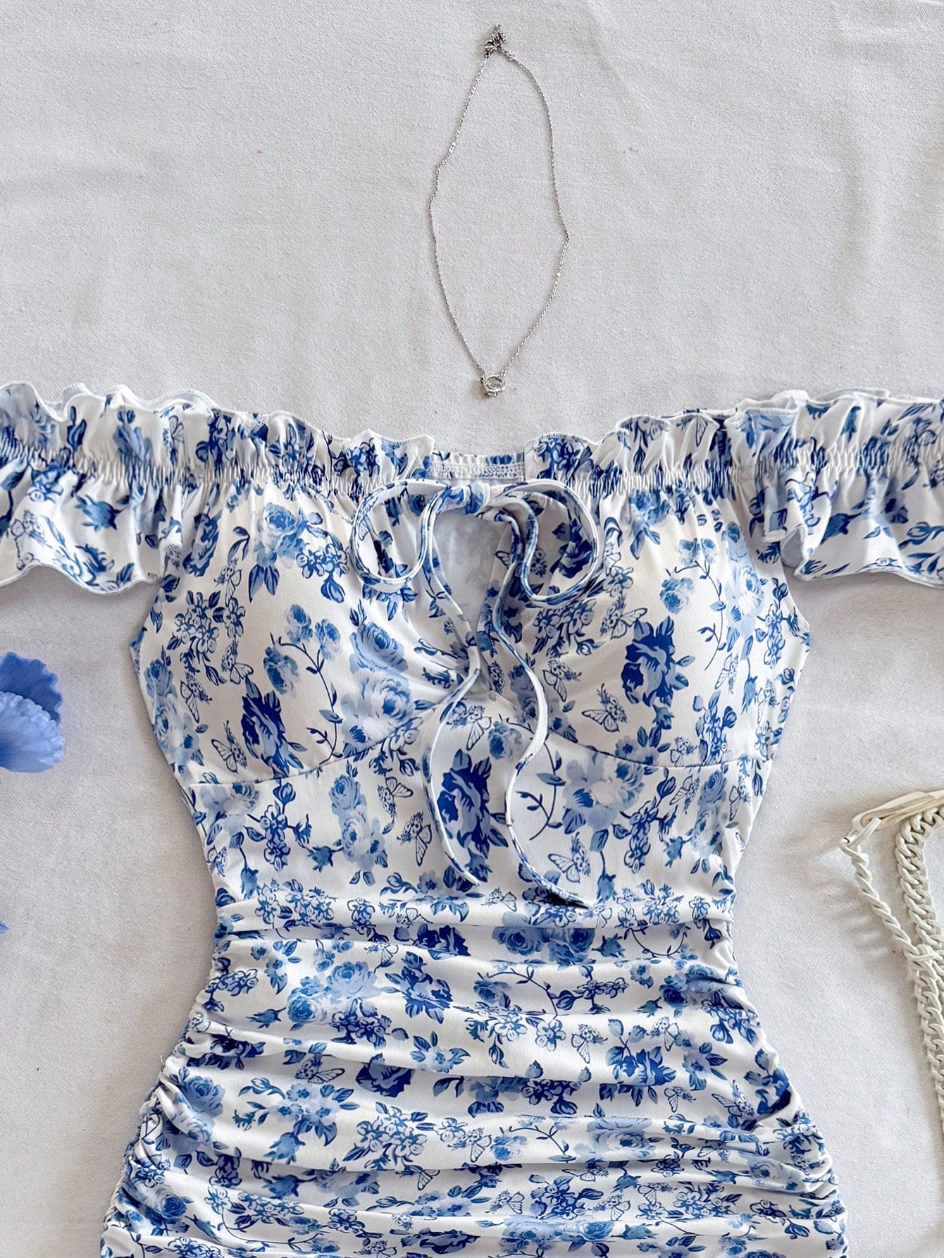 Soleia Women Casual Off Shoulder Ruched Ditsy Floral Mini Dress For Vacation Summer Dresses For Women No Chest Padding