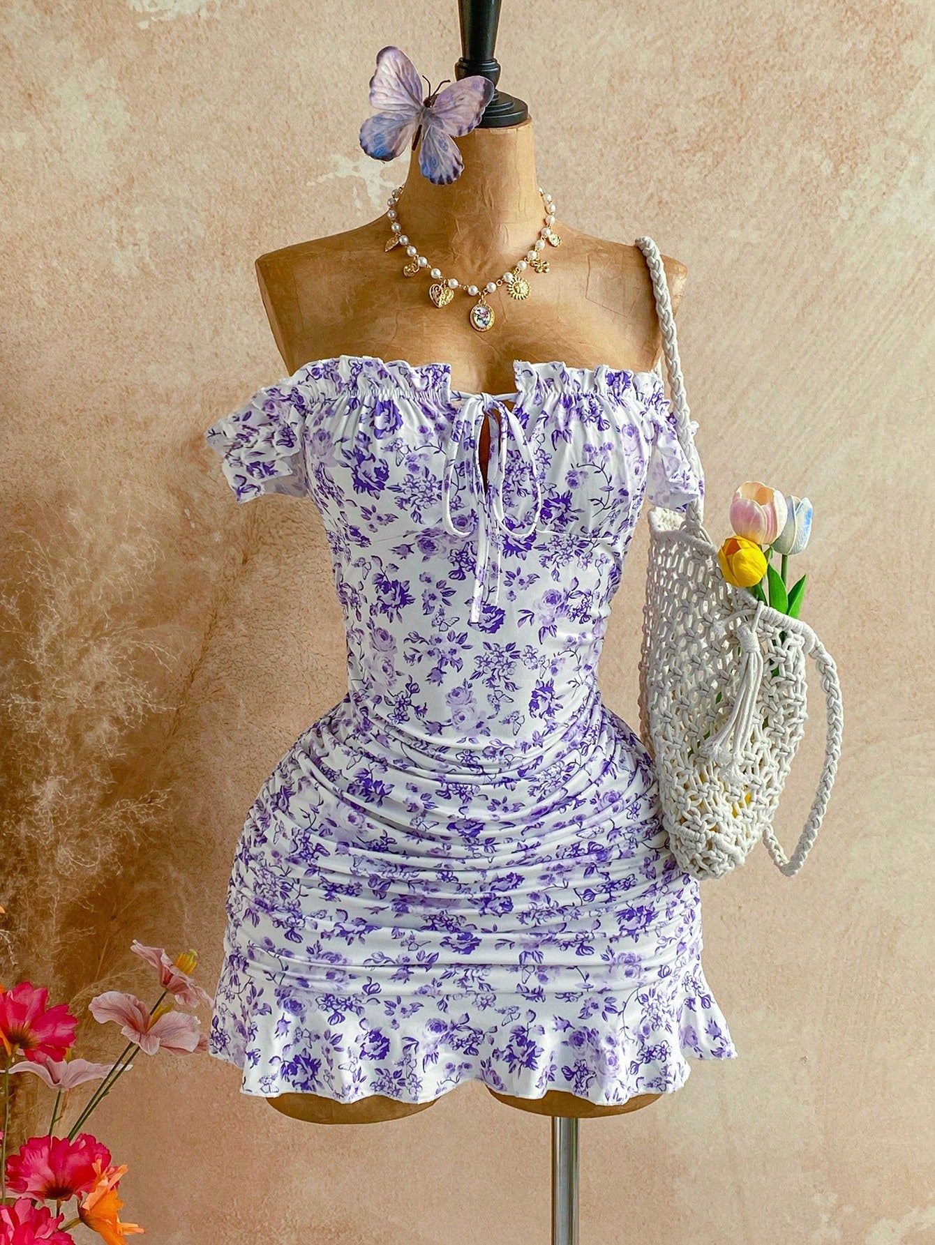Soleia Women Casual Off Shoulder Ruched Ditsy Floral Mini Dress For Vacation Summer Dresses For Women No Chest Padding