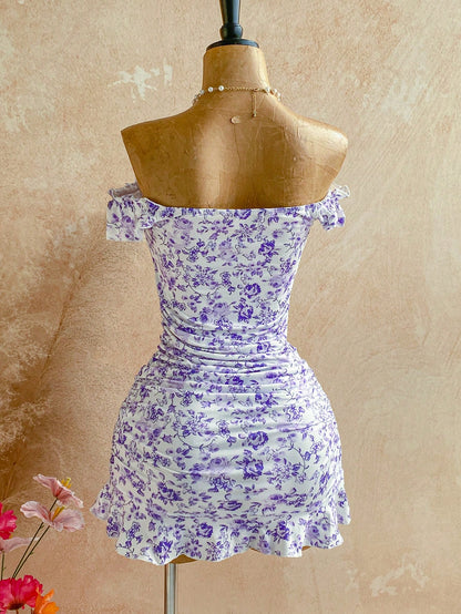 Soleia Women Casual Off Shoulder Ruched Ditsy Floral Mini Dress For Vacation Summer Dresses For Women No Chest Padding