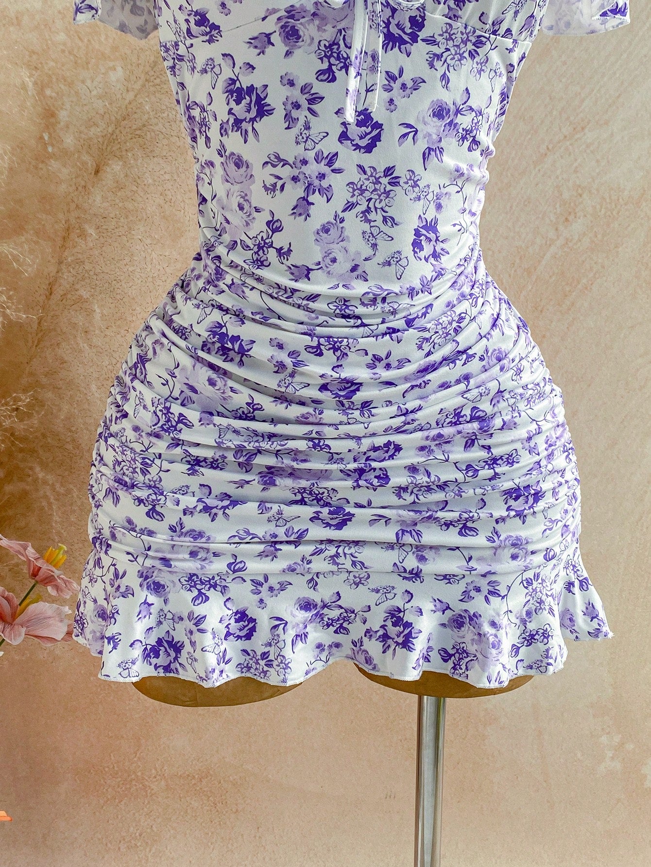 Soleia Women Casual Off Shoulder Ruched Ditsy Floral Mini Dress For Vacation Summer Dresses For Women No Chest Padding