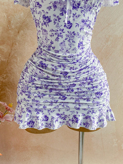 Soleia Women Casual Off Shoulder Ruched Ditsy Floral Mini Dress For Vacation Summer Dresses For Women No Chest Padding