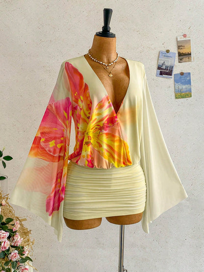 Soleia Women's Floral Print Ruffle Flare Sleeve Mini Dress, Vacation Style