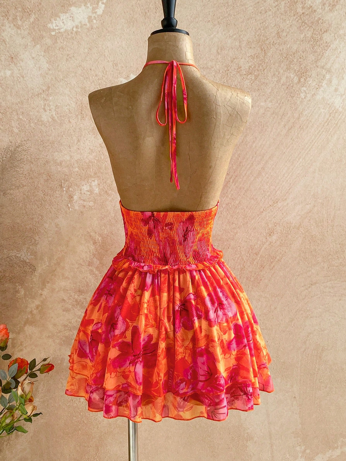 Soleia Women's Floral Print Waist Tie Halter Mini Dress,Orange And Pink,Summer,Boho,Holiday,Vacation,Tropical Beach Outfits,Cute Retro,No Breast Pads