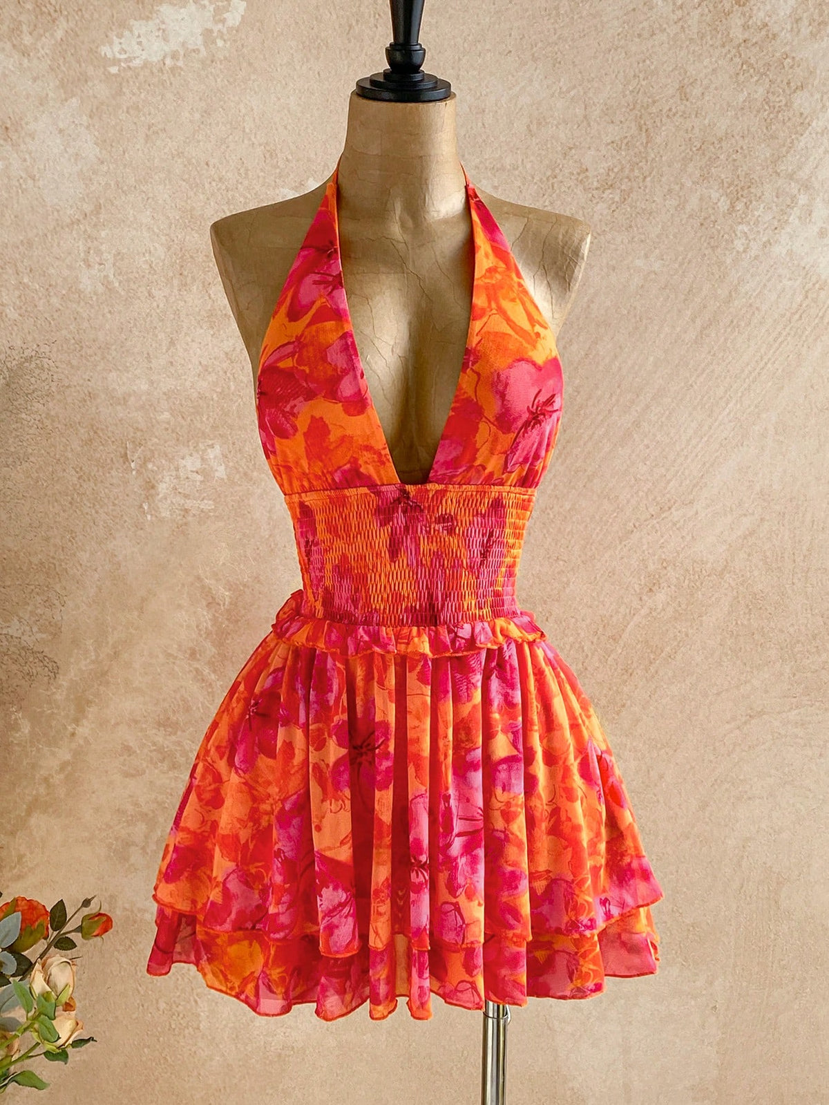 Soleia Women's Floral Print Waist Tie Halter Mini Dress,Orange And Pink,Summer,Boho,Holiday,Vacation,Tropical Beach Outfits,Cute Retro,No Breast Pads