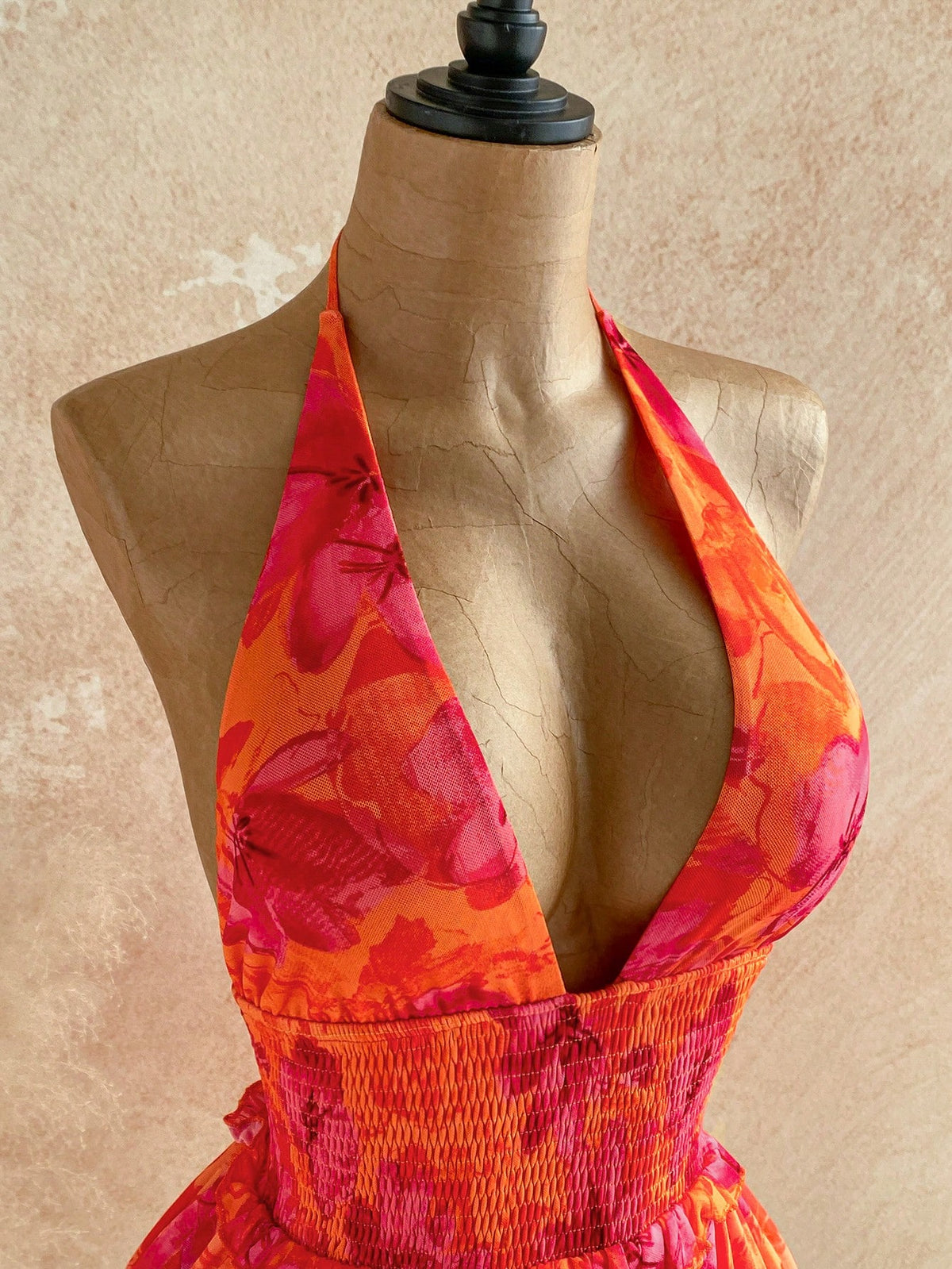 Soleia Women's Floral Print Waist Tie Halter Mini Dress,Orange And Pink,Summer,Boho,Holiday,Vacation,Tropical Beach Outfits,Cute Retro,No Breast Pads