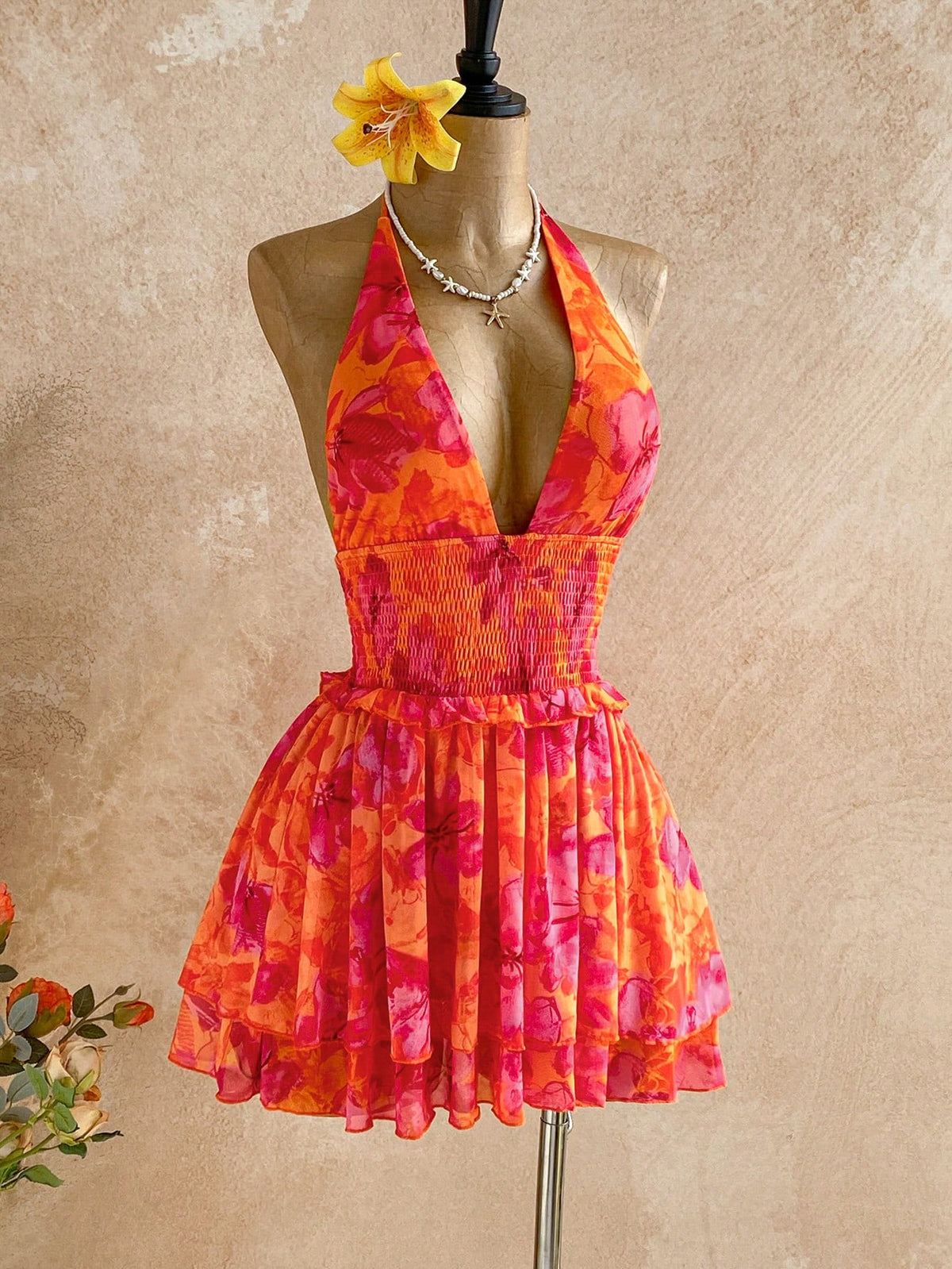 Soleia Women's Floral Print Waist Tie Halter Mini Dress,Orange And Pink,Summer,Boho,Holiday,Vacation,Tropical Beach Outfits,Cute Retro,No Breast Pads