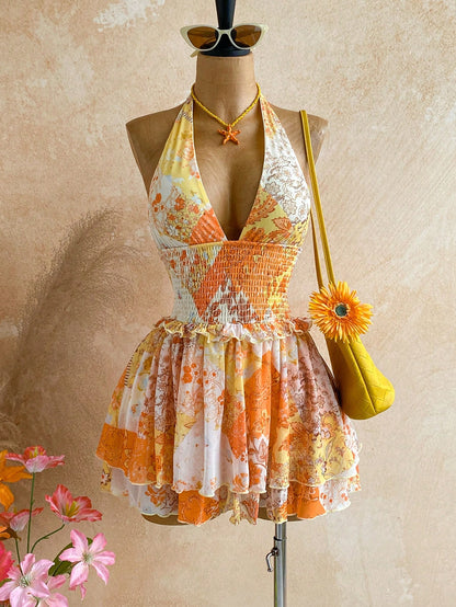 Soleia Women's Floral Print Waist Tie Halter Mini Dress,Orange And Pink,Summer,Boho,Holiday,Vacation,Tropical Beach Outfits,Cute Retro,No Breast Pads